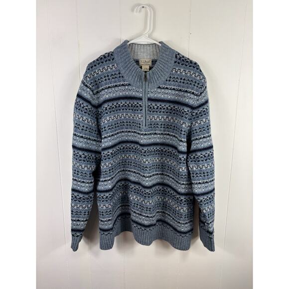 L.L. Bean Men's XL Shetland Wool Sweater Quarter Zip Knit Vintage Blue Fair Isle - Picture 1 of 8